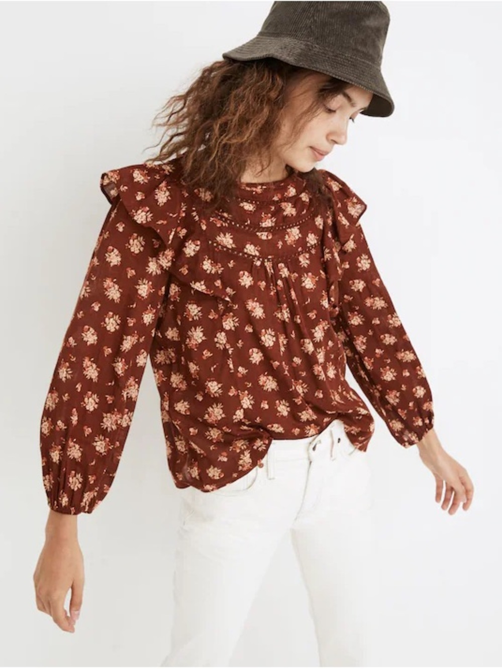 Madewell Rust Floral Ruffle-Yoke Blouse size S